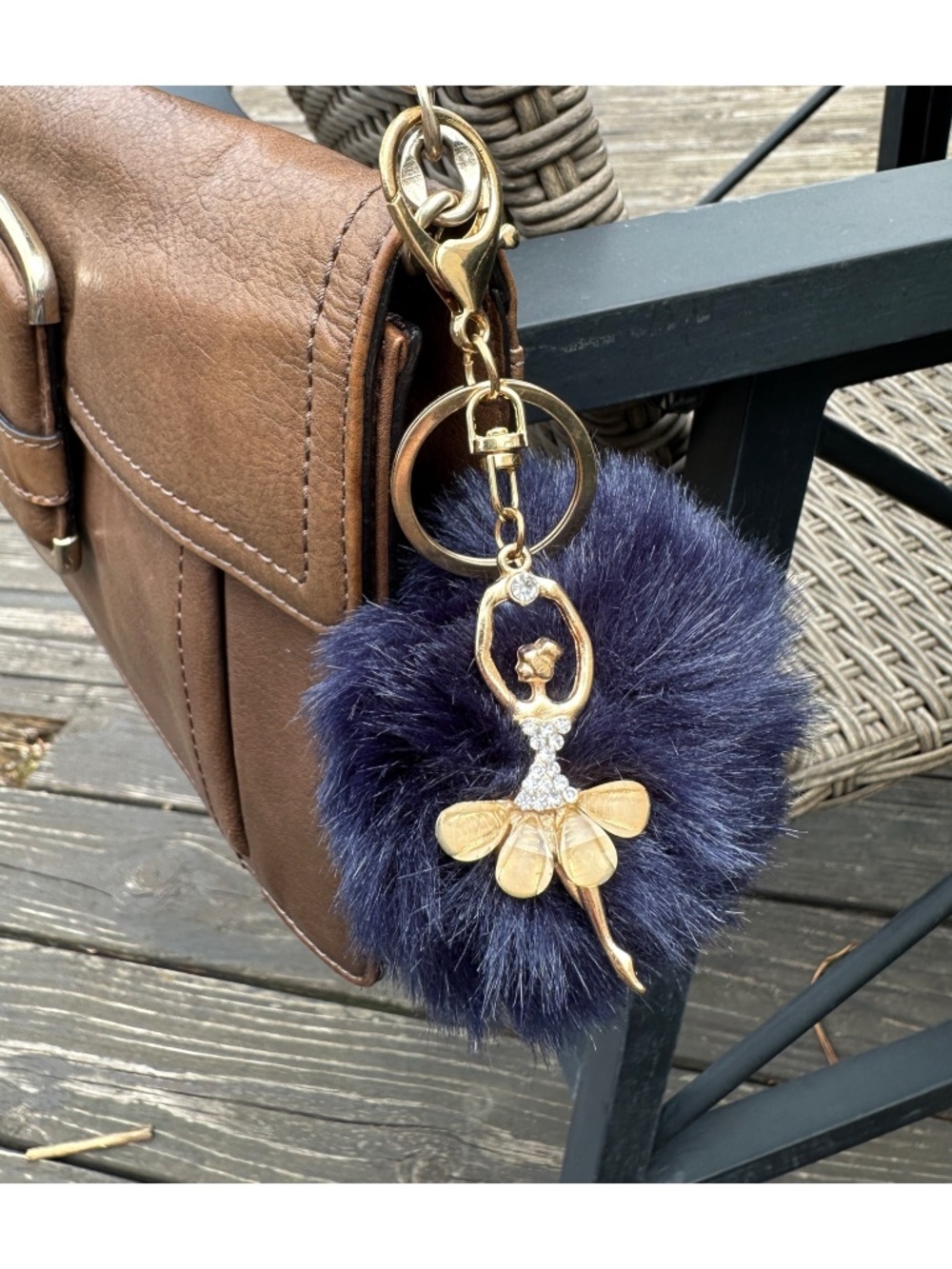 Navy Blue Faux Fur Pom Pom Ballerina Handbag Charm Key Chain 5” Accessory